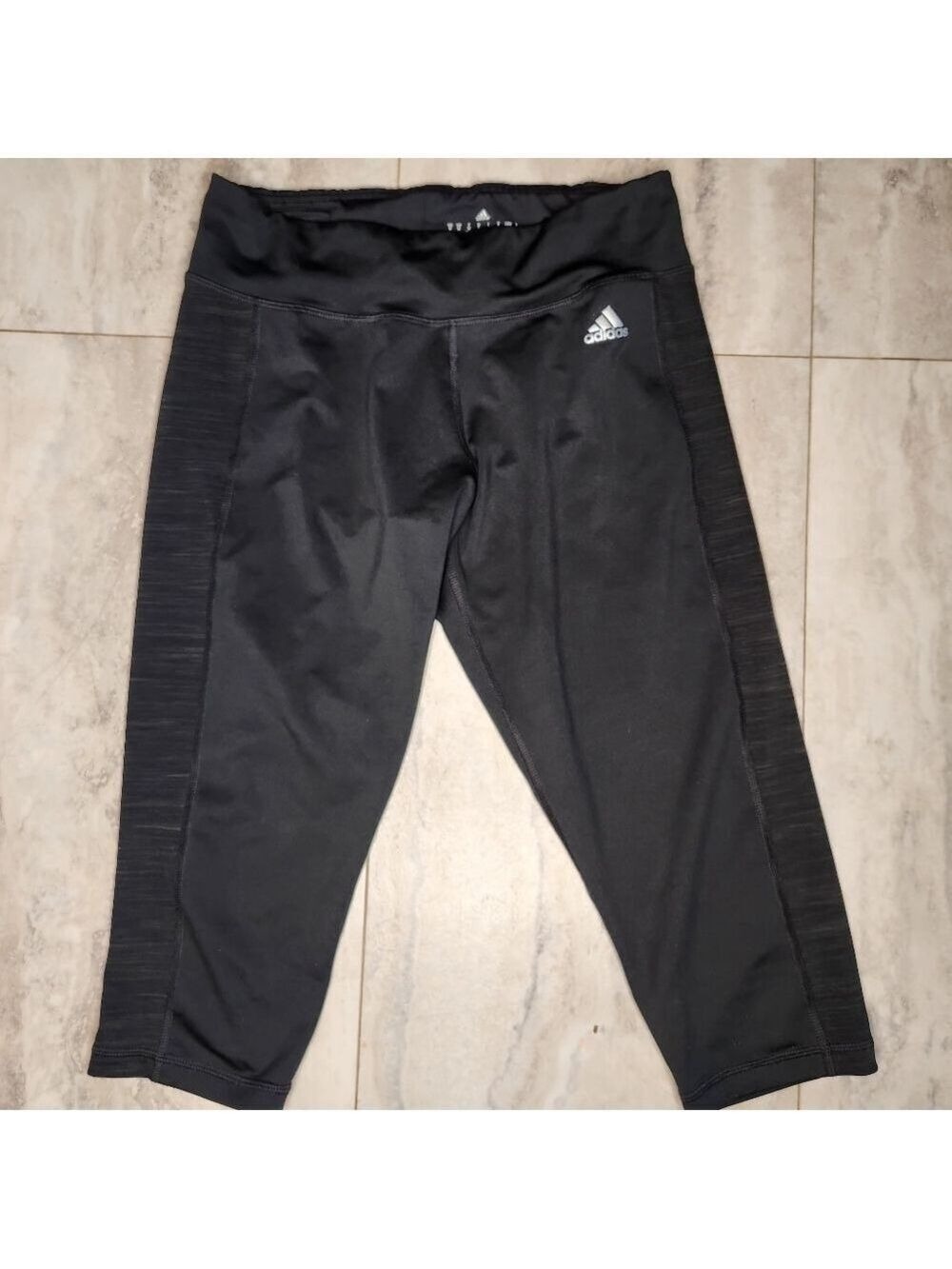 Adidas crop leggings Sz: M black gym marled gray panels yoga walk